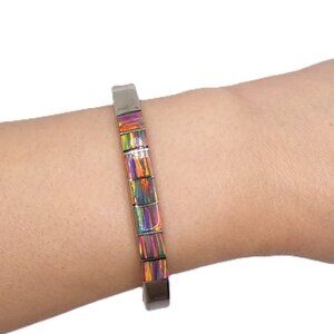 Taxco Black Lab Opal Inlay Alpaca Bangle, Handmade Opal Bracelet Vintage